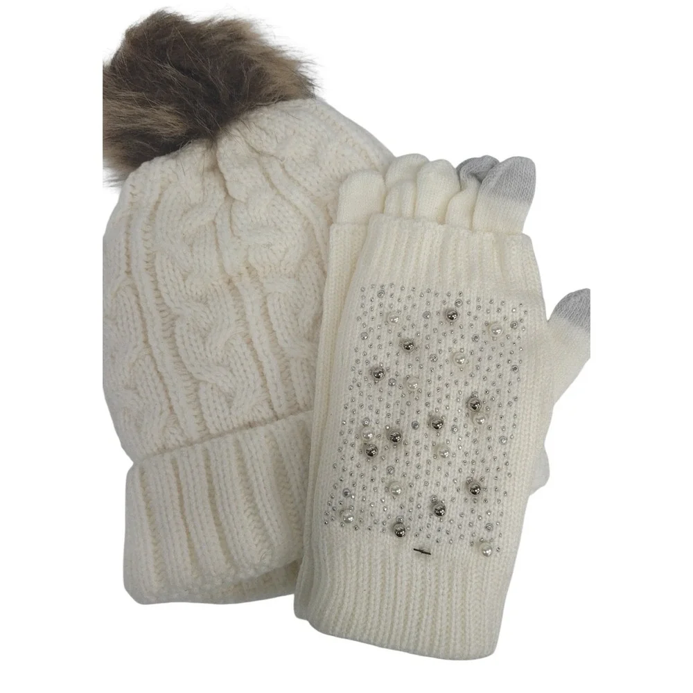 Holiday Time White Pom-Pom Beanie,‎ Fingerless Embellished Glove Set Winter Hat